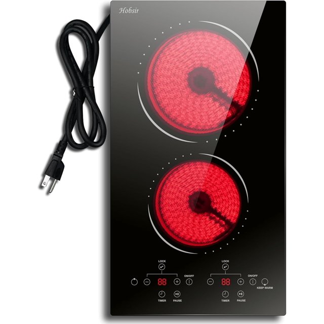 2 Burner Electric Cooktop 110v, 120v Plug In Electric Stove Top, 12 Inch Built-in Radiant Electric Stove, Electric Ceramic Cooktop with Child Safety Lock, Timer, Over-Temperature Protection