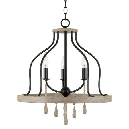 Kira Home Sasha 23  3-Light Farmhouse Pendant Chandelier + Hanging Wood Accents  Light Oak Wood Style + Black Finish