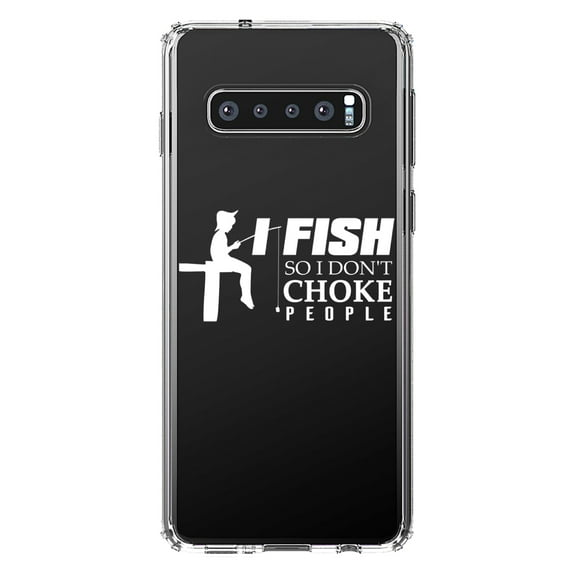 DistinctInk Clear Shockproof Hybrid Case for Samsung Galaxy S10  PLUS (6.4" Screen) - TPU Bumper Acrylic Back Tempered Glass Screen Protector - I Fish So I Don't Choke People
