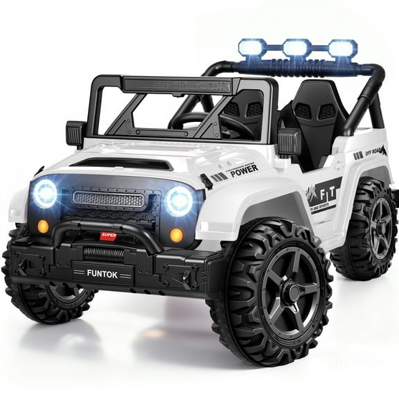 FUNTOK 24V 2 Seater Kids Ride on Toys w/ 20 " Large Seat, 4 x 200W Motor, 2WD/4WD Switchable Ride on Truck, 3 Speeds w/ Remote Control/LED Lights/Music/Bluetooth, White