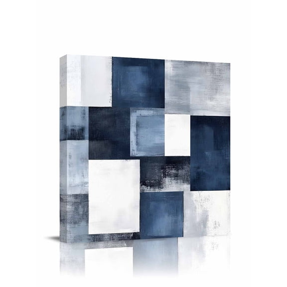 Navy Blue Grey White Canvas Wall Art, Abstract Art Modern Oil Painting Framed Wall Decor Modern Artwork Prints Painting for Living Room, Bedroom, Kitchen & Cafe Decor 12x12 Inch
