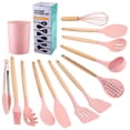 thumbnail image 4 of 13pcs Kitchenware Set Silicone Pink Household Cooking Utensil Shovel Ladle Spatula Eggbeater Brush with Wooden Handle Storage Container, 4 of 9