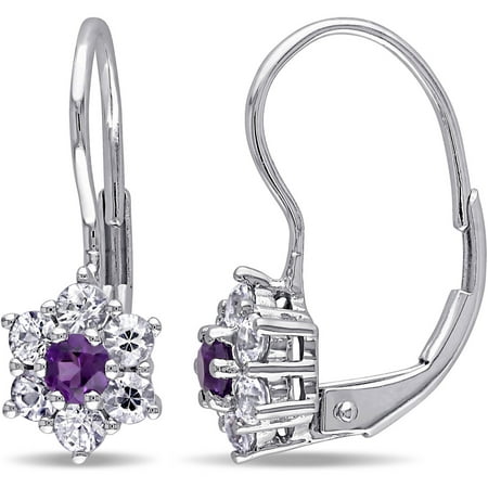 Tangelo 7/8 Carat T.G.W. Amethyst and White Sapphire 10kt White Gold Flower Halo Leverback Earrings
