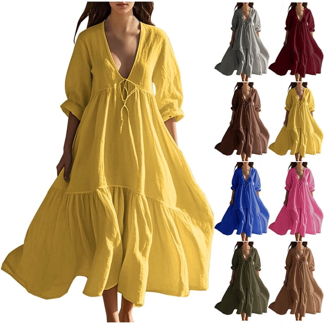 Sentmoon Robes en Lin pour Femmes 2026 Ravissante Robe Maxi d'Été à Col en V Extensible Coupe Régulière Essentiels de Vacances pour Femmes pour Voyage et Vacances Bourgogne P