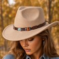 thumbnail image 5 of Vintage Wide Brim Felt Cowboy Hat with Decorative Hat Band, Classic Western Style Fedora Cowgirl Hat, Lightweight Outdoor Travel Party Costume Hat for Men Women Beige, 5 of 7
