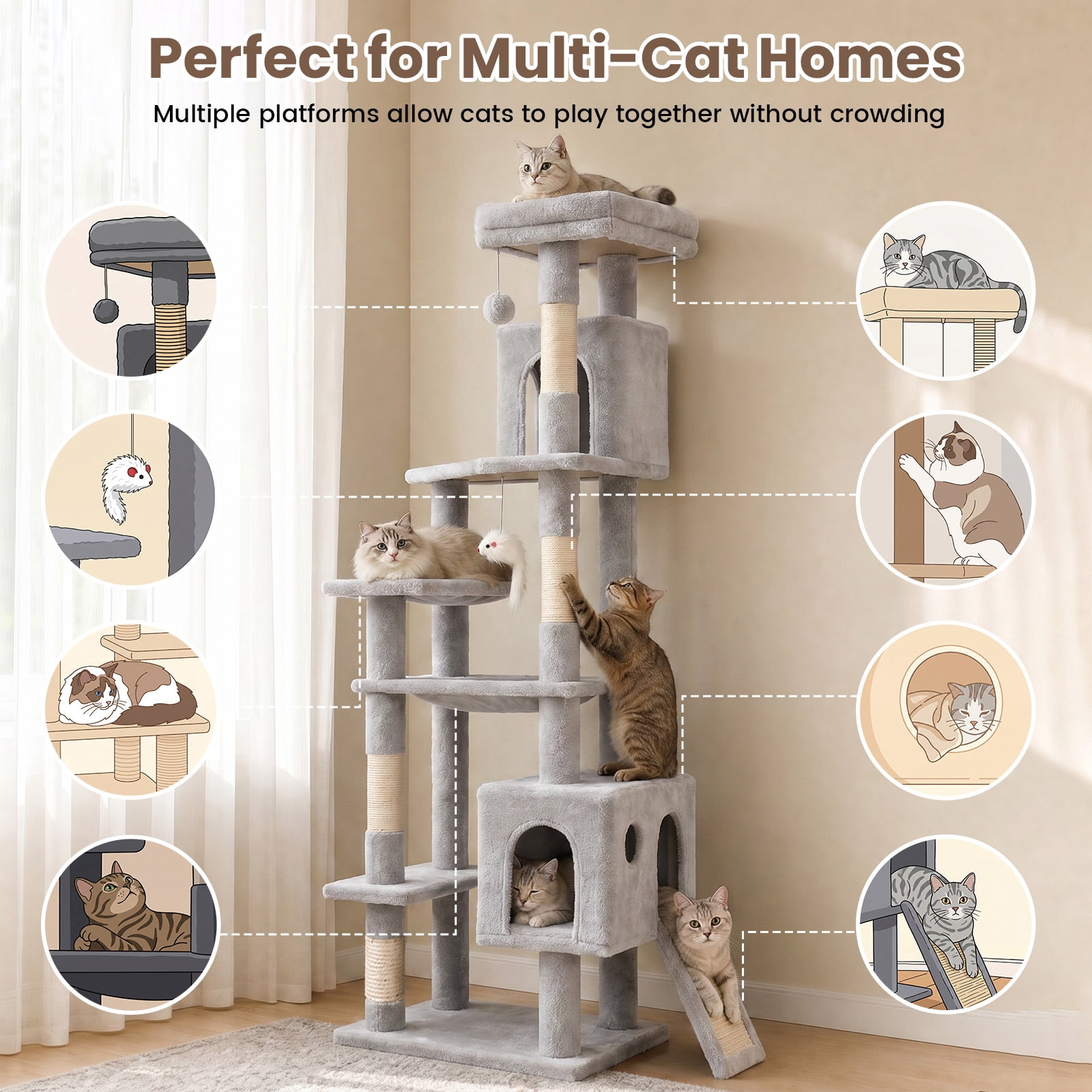 70" Cat Tree Tower, Heavy Duty Cat Tower for for Multiple Adult Cats, Multi-Level Tall Cat Tree with 2 Condos, Hammock and Scratching Post for Indoor Kitties, Light Grey