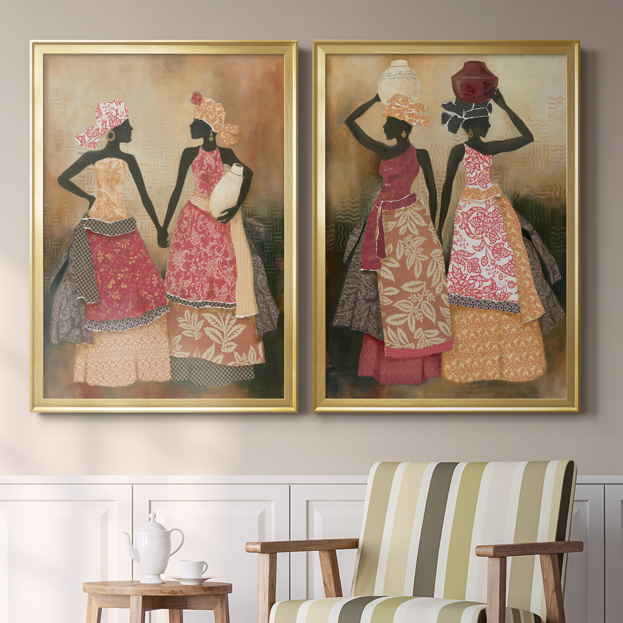 2 Piece Set Village Women I Premium Framed Canvas - Ready to Hang - 26.5 x 36.5 Each - Gold Frame
