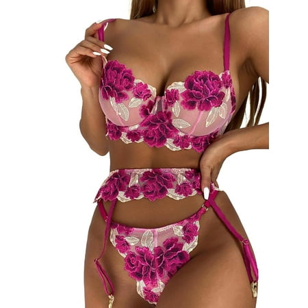 

Smilkoo Sexy Underwear Lace Sheer Flroal Print Womens Plunge Bra Sets Sexy Lingerie