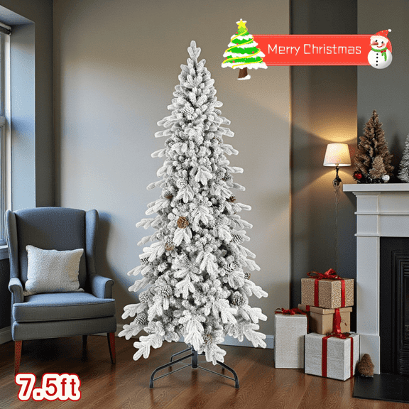 Tcbosik 7.5ft Snow Flocked Artificial Christmas Tree with 40 Pine Cones and 1424 Branch Tips, Hinged Slim Xmas Tree with Metal Stand for Indoor Holiday Home Office Décor, White Green