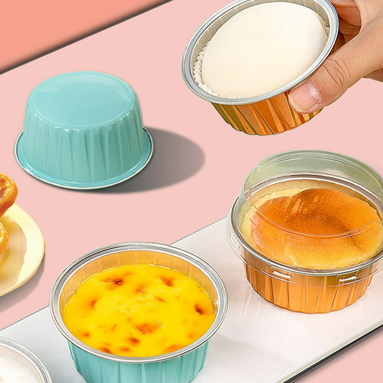 Marbhall 10pcs Aluminium Foil Baking Cups with Lids Creme Brulee Cupcake Liners, Desert Cheesecake Pans Flan Molds Tin Cups Containers for Party Favor Birthday