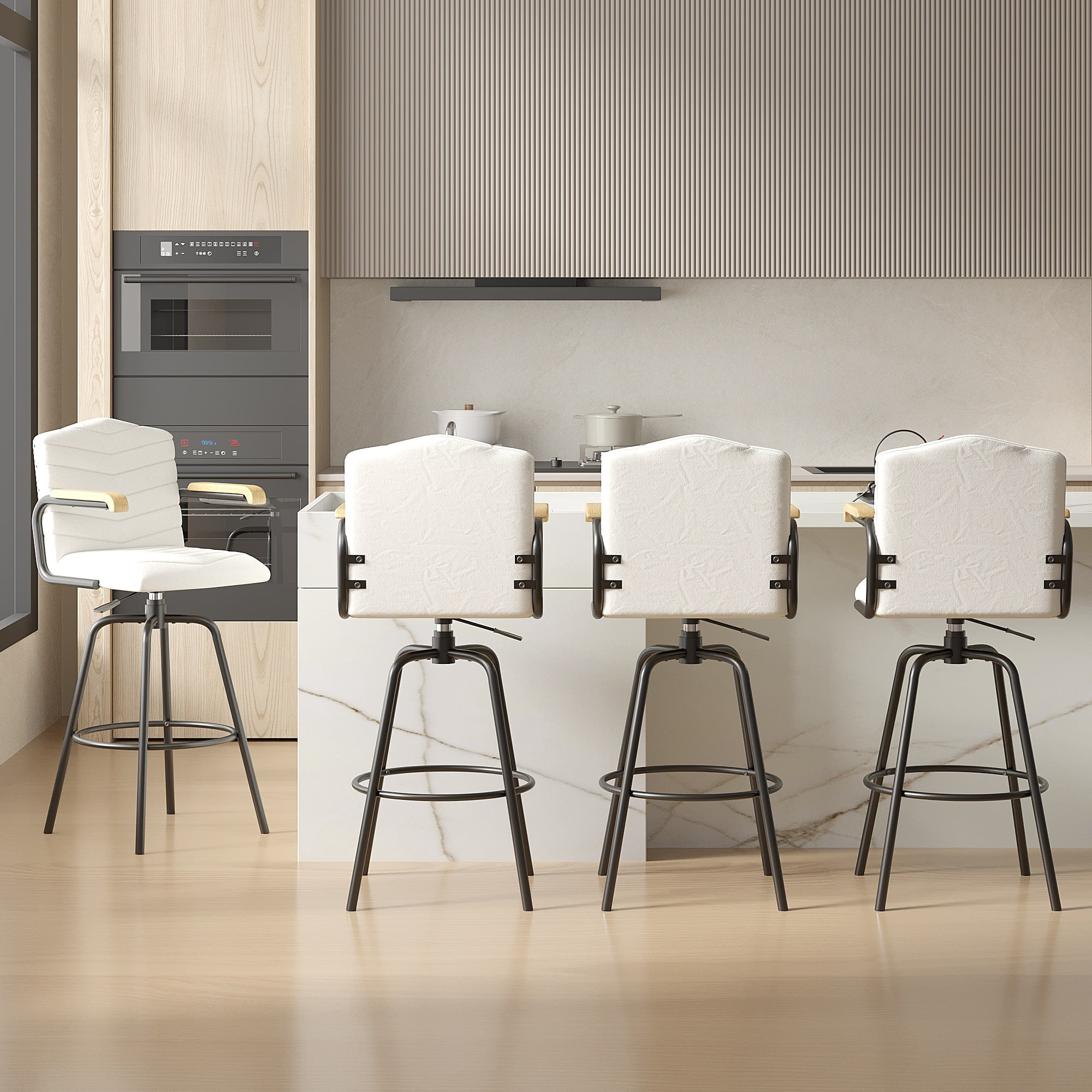 VECELO Set of 4 Counter Height Swivel Bar Stools with Back and Armrest, Modern Velvet Upholstered Bar Chairs for Kitchen Island, Steel Stool Frame, Beige
