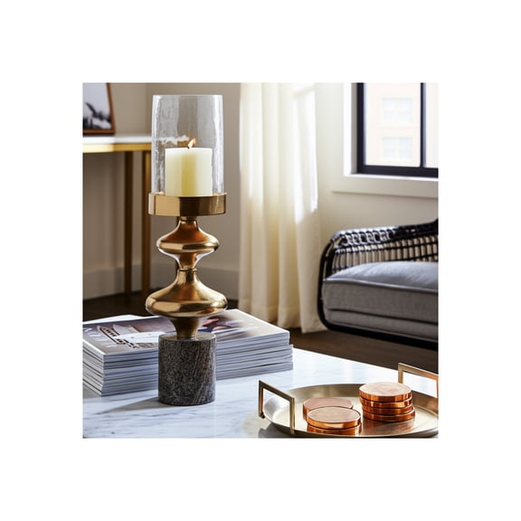 Metal Pillar Candle Holder with Glass Hurricane - Glam Style Decorative Candle Stand - Marble Base for Home, Office, Living Room & Bedroom - 17" Bronze & Copper