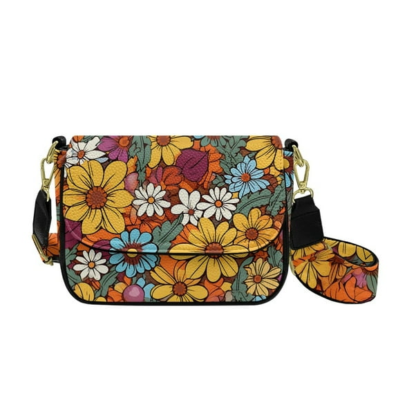 TSOVTHRID Colorful Daisy Print Crossbody Bags for Women Trendy Crossover Shoulder Bag PU Leather Shoulder Handbags Purses for Women with Adjustable Wide Strap