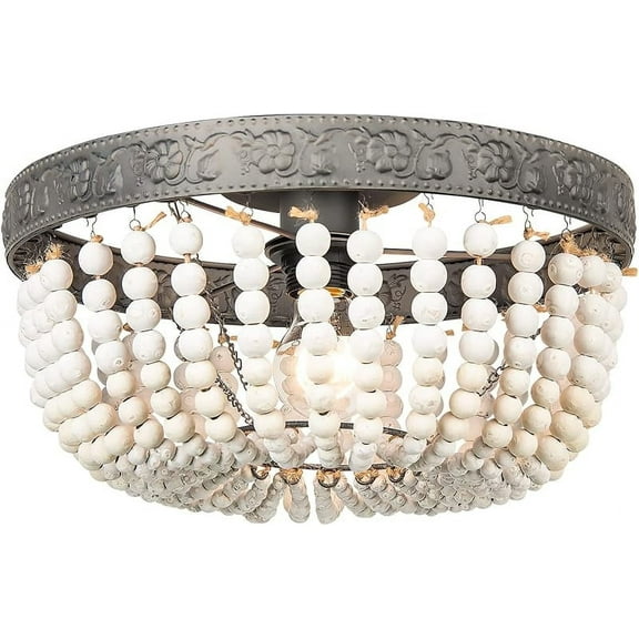 JCPYIUL Diameter 13.77 "White Boho Beaded Chandeliers Flush Mount Ceiling Light Small Antique Farmhouse Chandelier Light Fixture for Bedroom Kitchen Dining Room Living Room Stairway Gazebo
