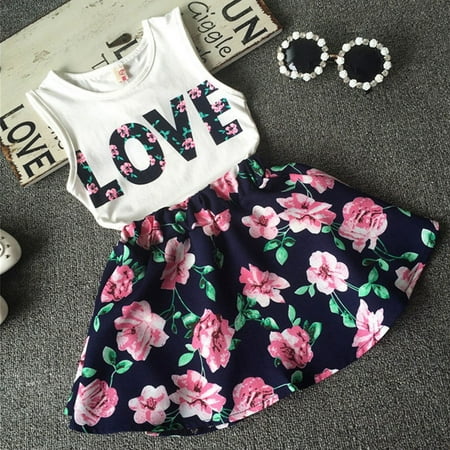 

Kids Baby Girls Toddler T-shirt Tank Tops + Skirt Dress 2PCS Set Outfits Clothes
