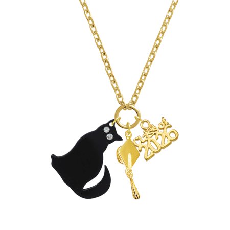 Delight Jewelry Acrylic Sitting Black Cat with Crystal Eyes - Gold-tone Class of 2026 Graduation Zoey Charm Necklace, 28"