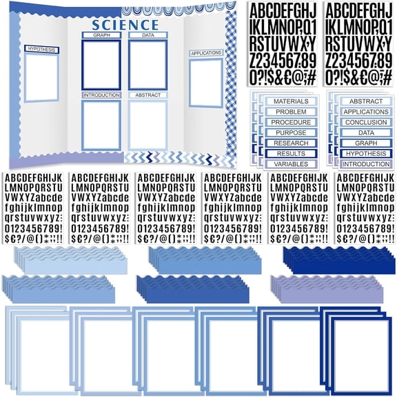 92 Pcs Science Fair Board Supplies 60 Trim Scalloped Poster Boards 18 Presentation Subtitles 6 Project Titles 8 Letter Sticker for Classroom Display Boards(Blue Tone)