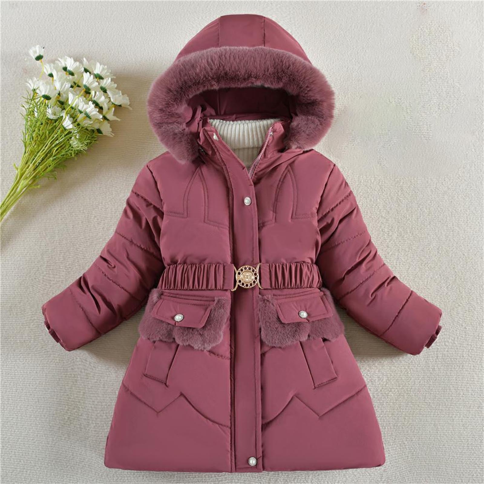 ACMEDE Fille Manteau Veste D'hiver 3-11 Ans Manteau D'hiver Chaud Avec Capuche Amovible En Fourrure Enfants Long Épaisseur Parka Blousons Vêtements Avec Poupées Mignonnes