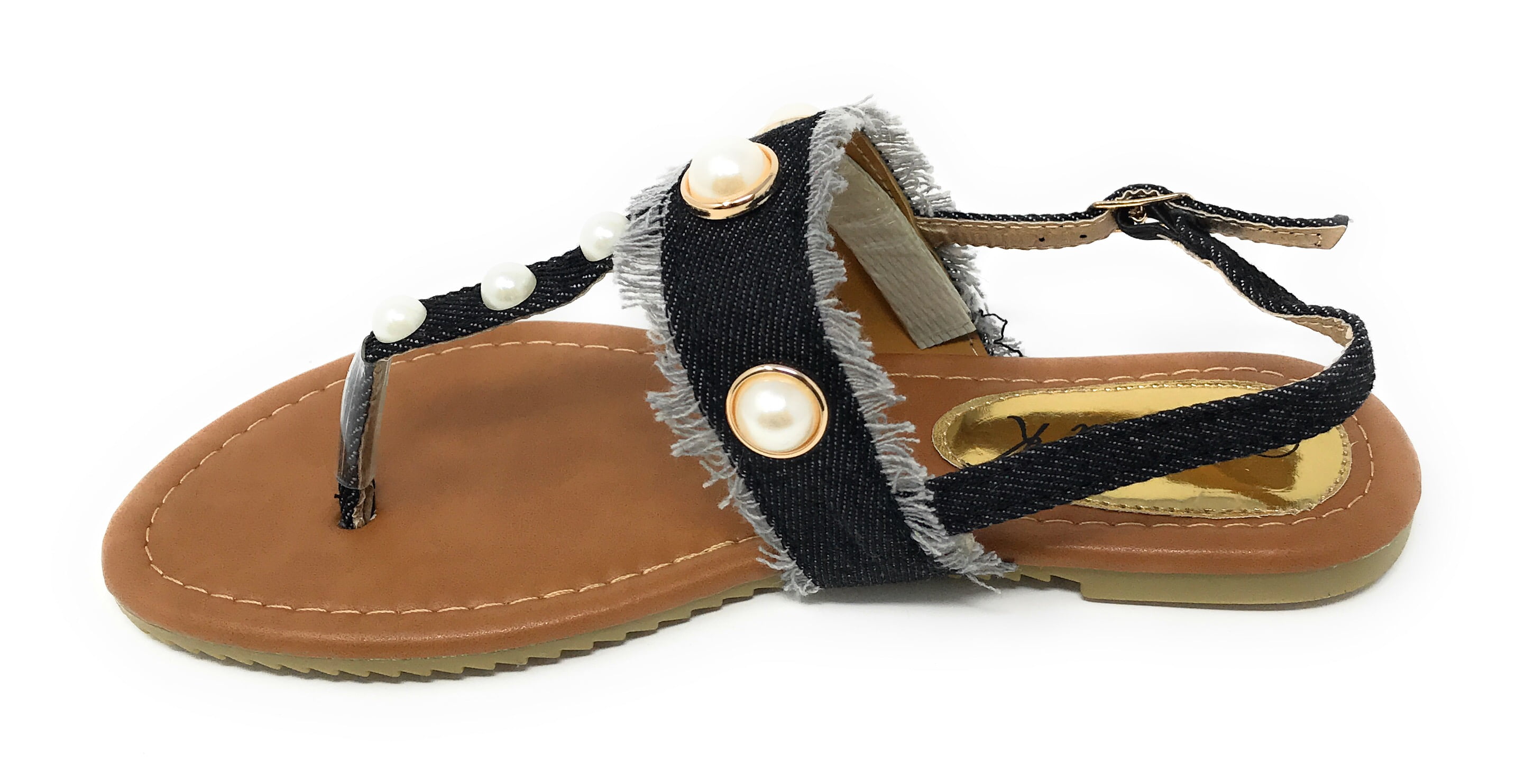 Victoria K Women's Fringed Denim With Pearl Studs Sandals