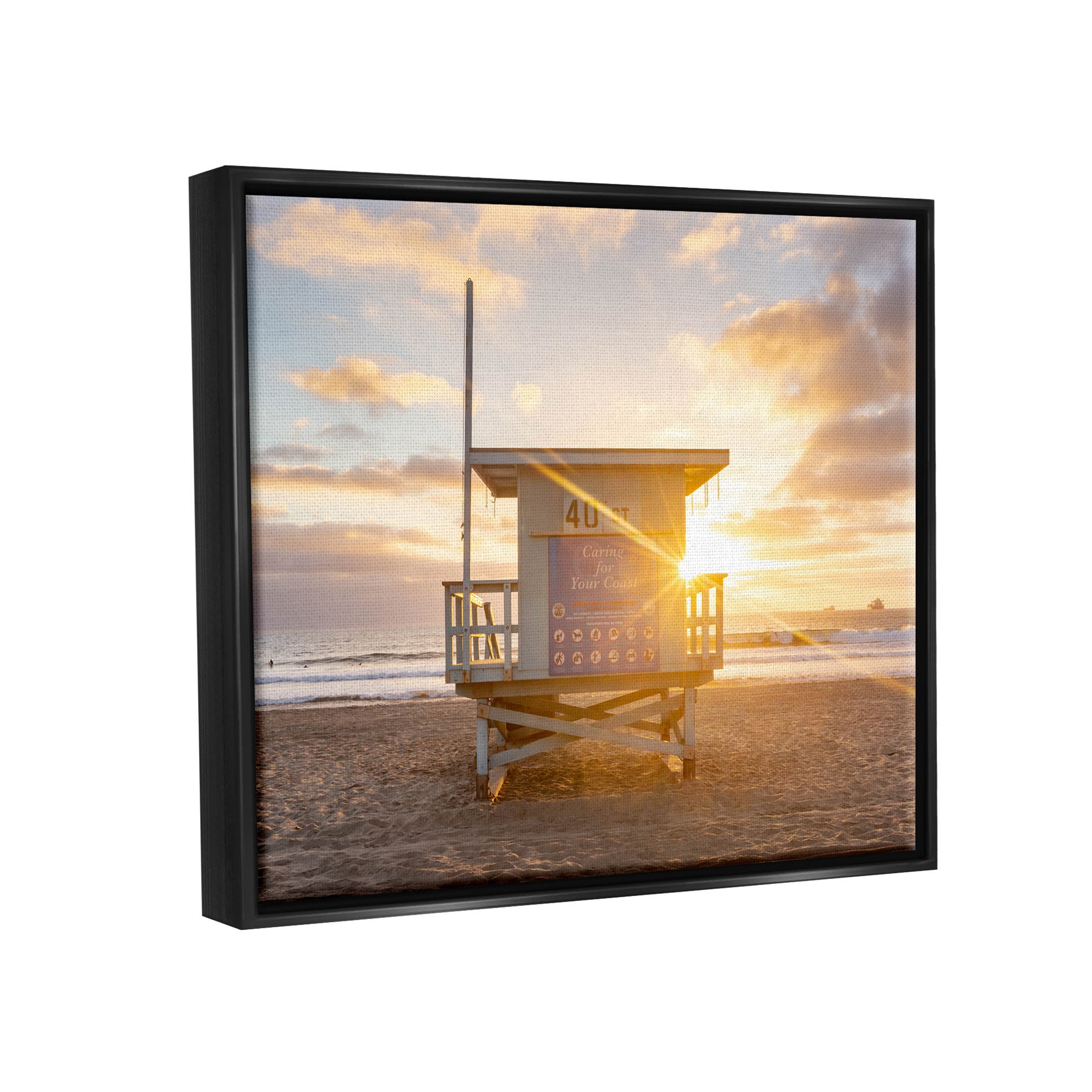 Beach Hut Sunset Flare Coastal Photograph Jet Black Framed Art Print Wall Art