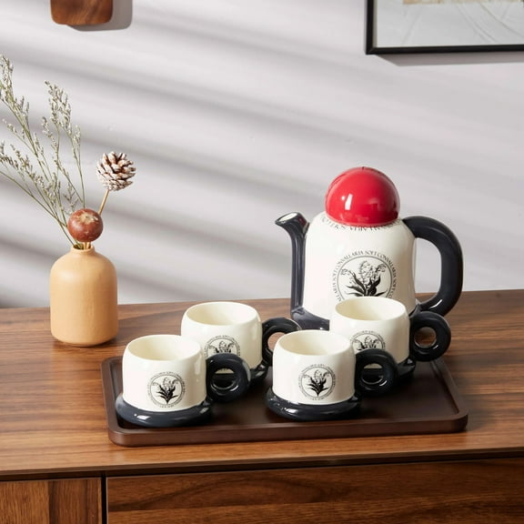 Modern Ceramic Teapot Set with 4 Matching Cups – 800ml Teapot   220ml Cups – Unique Black & White Design with Gift Box – 1.6Ib Total Weight