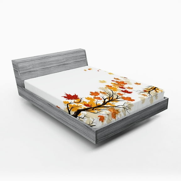 Ambesonne Pastoral Fitted Sheet 2 Pcs Set, Autumn Tree Branches, California King, Marigold Dark Orange