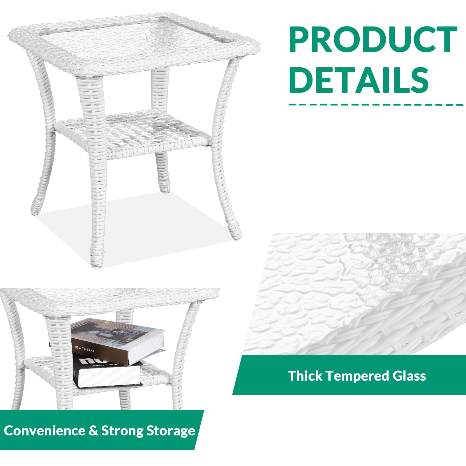 VIVIJASON 3-Piece Outdoor Conversation Bistro Set, Patio Swivel Glider Rocking Chairs Rattan Furniture Sets w/ 2 White Rattan Chairs, Glass Top Side Table for Porch Backyard, Beige Cushions