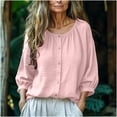 thumbnail image 2 of Kaemgyyd Womens 3/4 Sleeve Shirts Cotton Linen Button Down Shirt Casual Pleated Crew Neck Loose Fit Blouses for Beach Vaction, 2 of 7