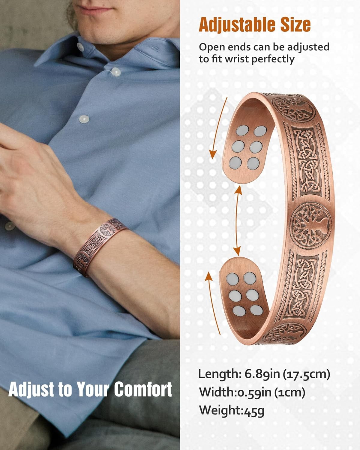 Wollet Wide Copper Magnetic Bracelet for Men with 18X Magnets,Pure Copper Jewelry Set of 2