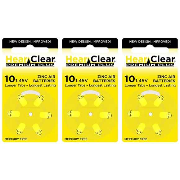 HearClear Size 10 PR70 Zinc Air 1.45V Hearing Aid Batteries Yellow Tab (18 Batteries)