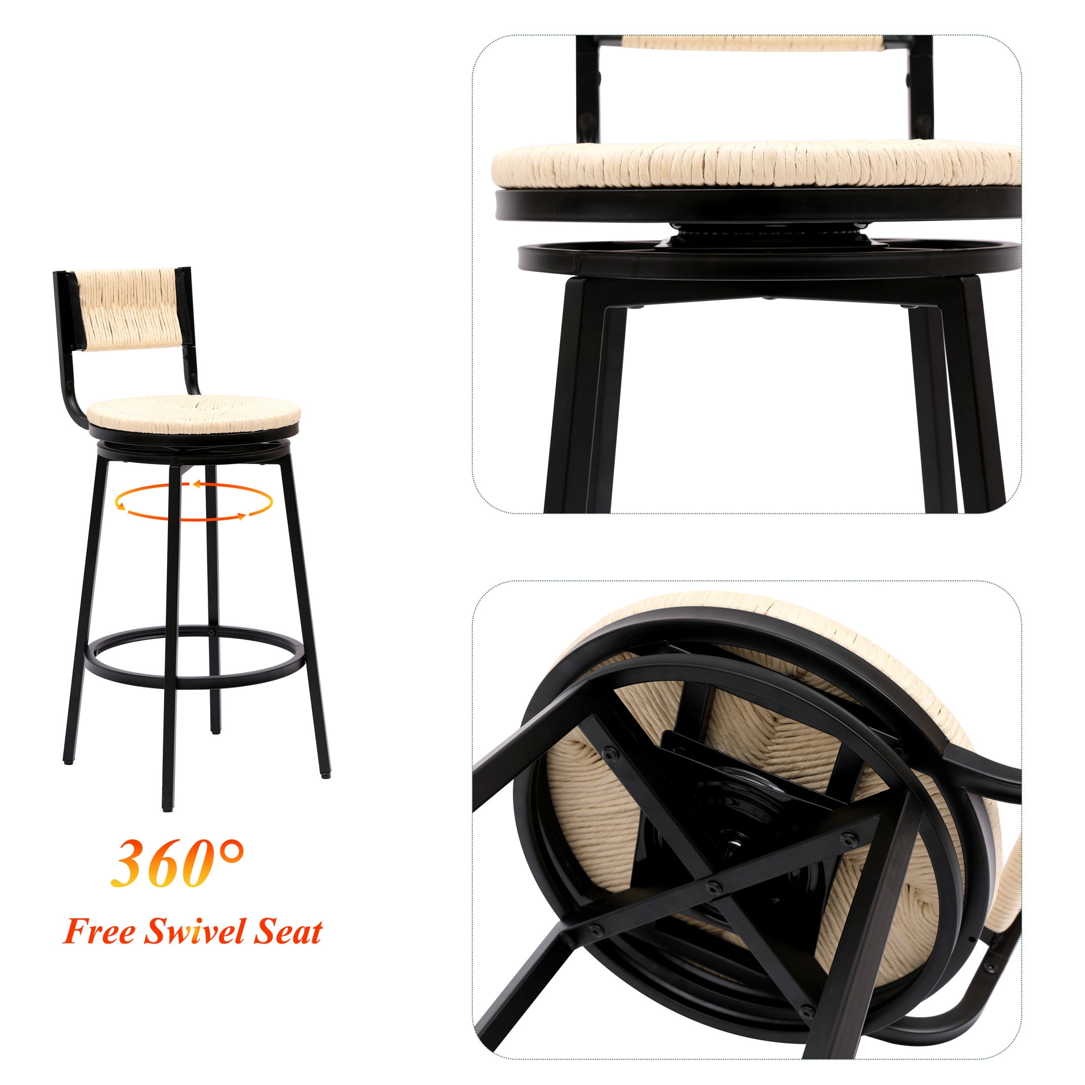 Noble House Swivel Counter Height Bar Stools Set of 2, Handwoven Paper Rope Seat, Creamy White