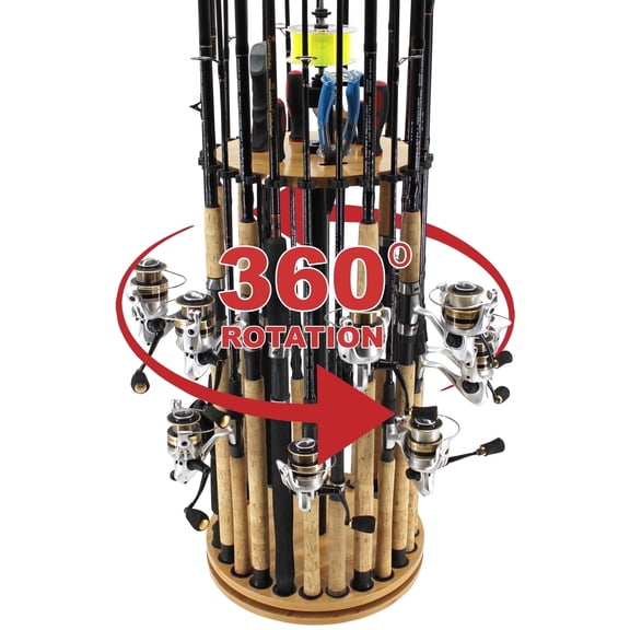 Rush Creek Creations Fishing Rod Storage Rack, 24 Rod Capacity, Spinning Rack with 360° Swivel and Line Spooler