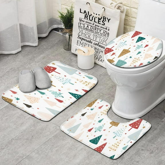 White Christmas Tree Pattern Bathroom Rugs Sets 3 Piece,Toilet Cover Set,Absorbent Non Slip Bathroom Mats Sets with U-Shaped Contour Rug Toilet Rug Set