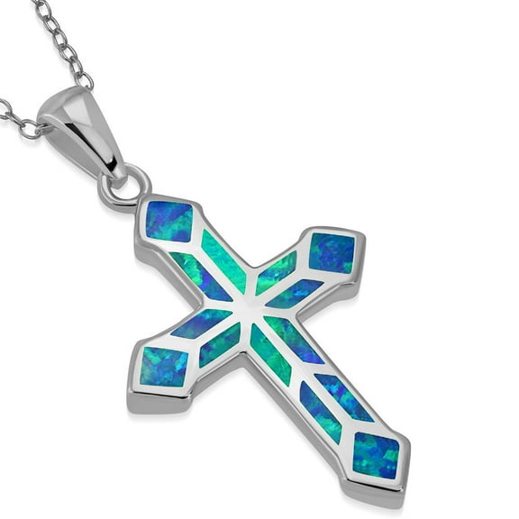 925 Sterling Silver Simulated Blue Opal Religious Cross Pendant Necklace, 18"