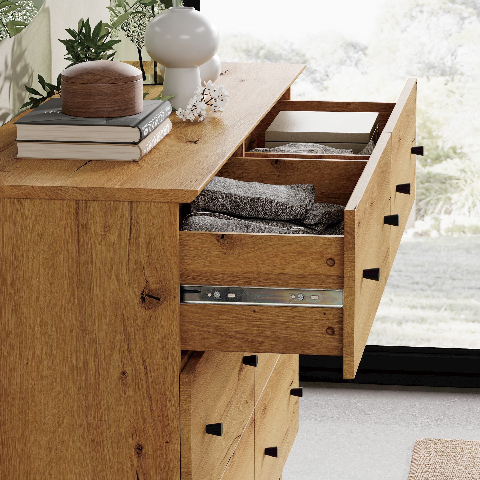 WAMPAT Wood Dresser with 12 Drawers and 1 Cabinet for Bedroom, Modern Chest of Drawer, 130" Wide, Oak Brown Wood Finish