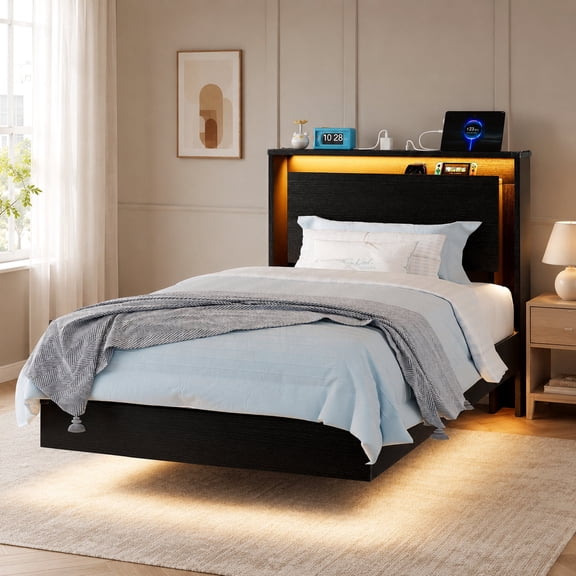 Einhomn Twin Size Floating Bed Frame with Storage Headboard, Wood Platform Bed with LED Lights & Charging Station, Noise-Free, Black