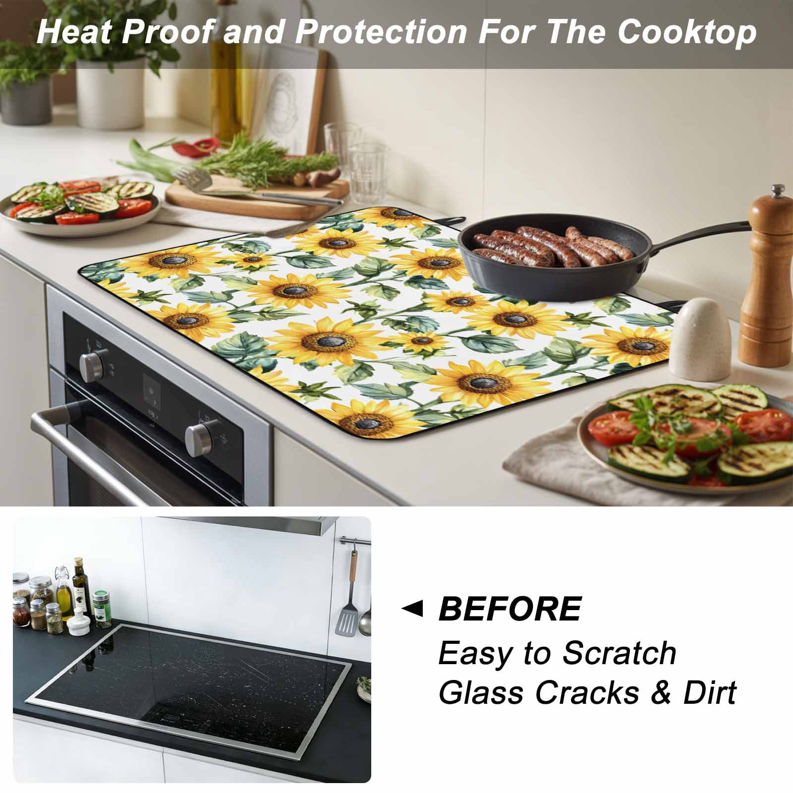 Sunflower Stove Top Cover for Electric Stove, Heat-proof & Non Slip Glass Top Stove Cover Protector, Spring Green Botanical Summer Floral Kitchen Flat Cooktop Rubber Mat 24x21 Inches