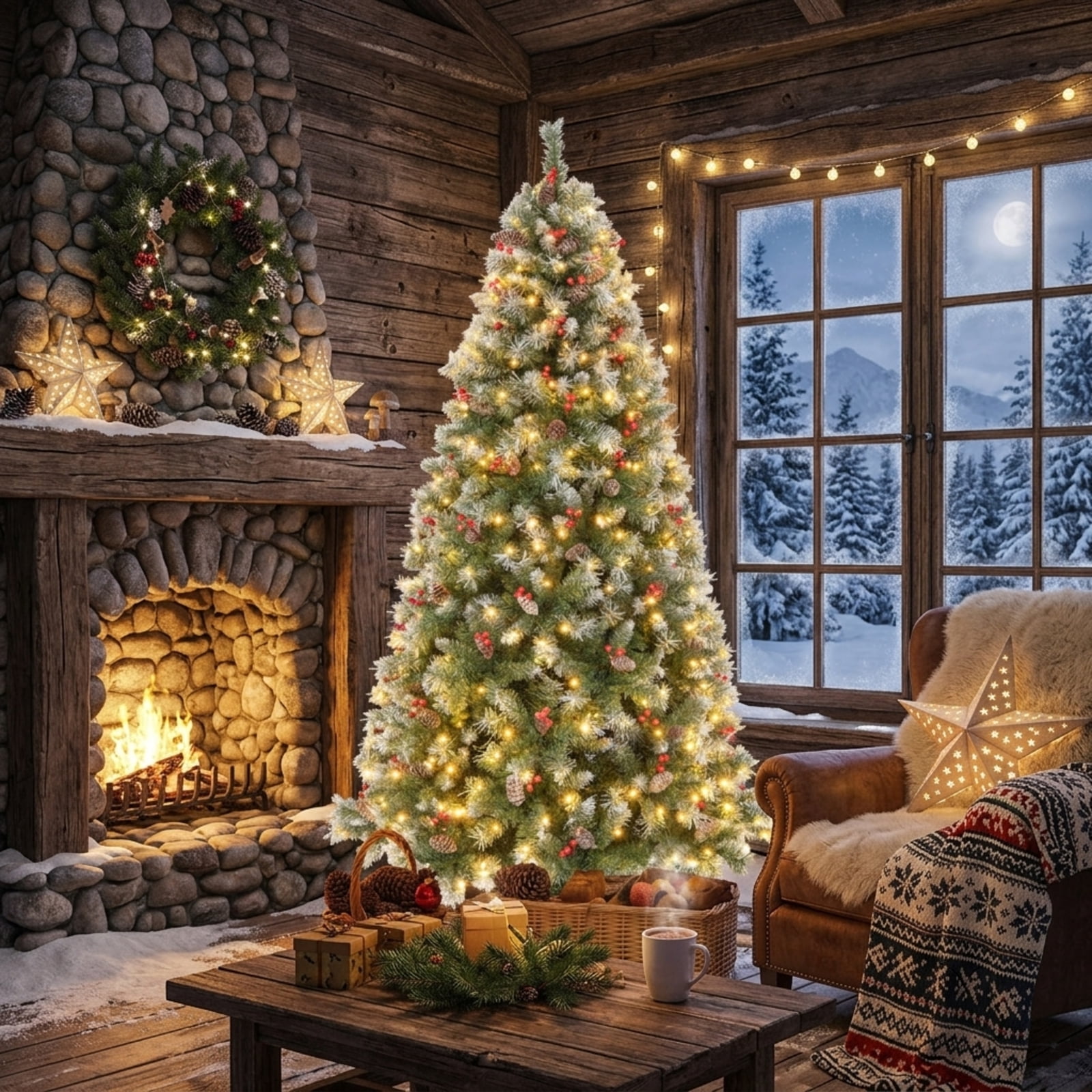 RUIE 6.5 ft Hinged Christmas Tree, Pre-Lit Green White Artificial Xmas Tree with 420 LED Lights, 909 Branch Tips and Pine Cones