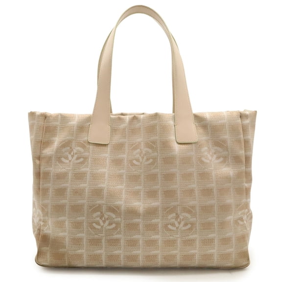 Pre-Owned CHANEL New Travel Line Tote MM Shoulder Bag with Lamé Nylon and Leather in... (Good)