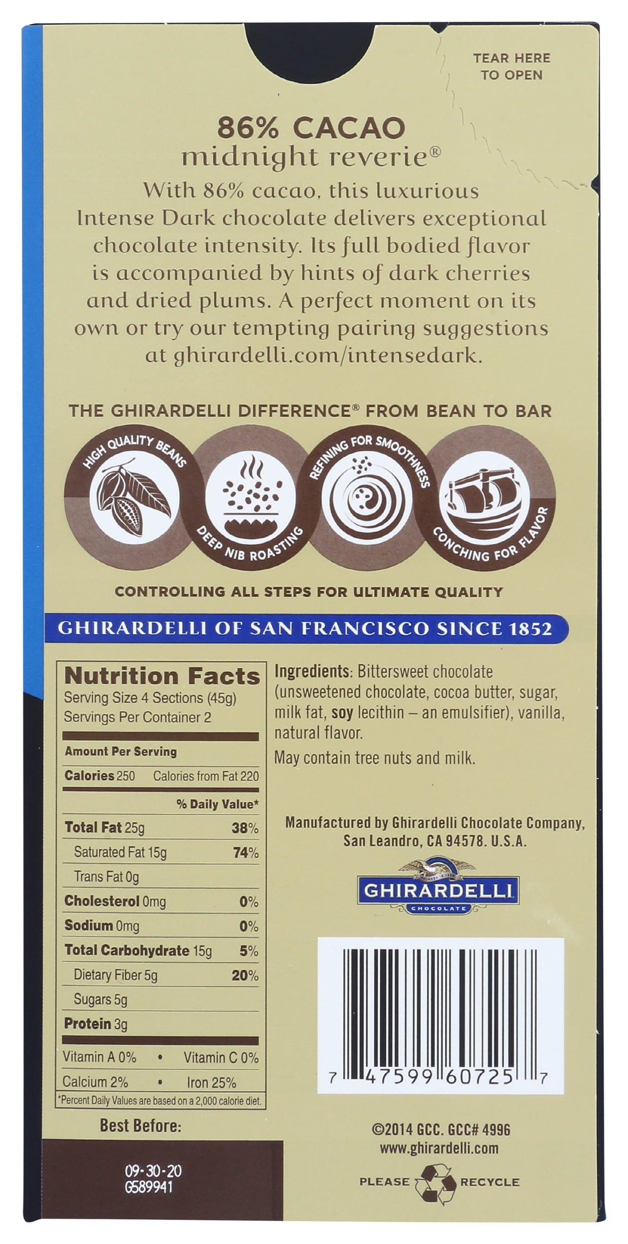 Pack of 12, Ghirardelli Intense Dark Midnight Reverie Chocolate Bar, 3.17 oz