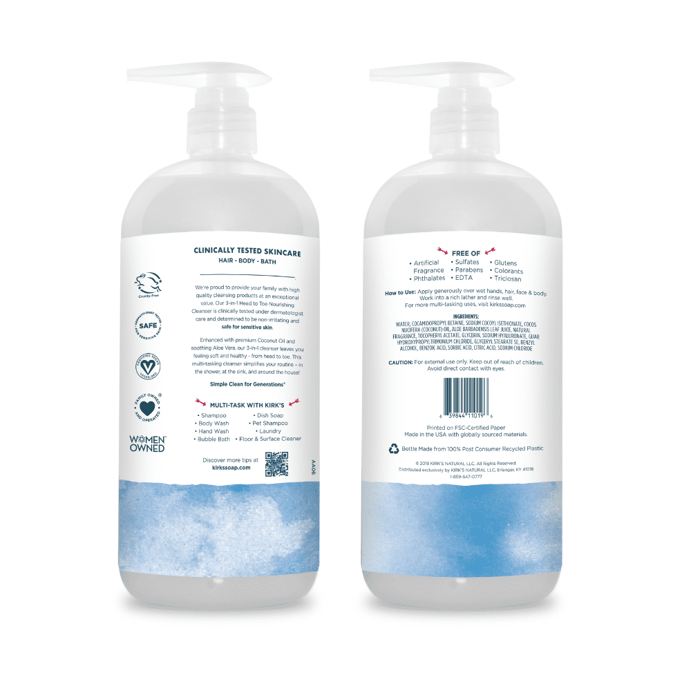 Kirk's 3-in-1 Cleanser - Made With Coconut Oil & Aloe Vera, Original Fresh Scent, 32 Fl Oz