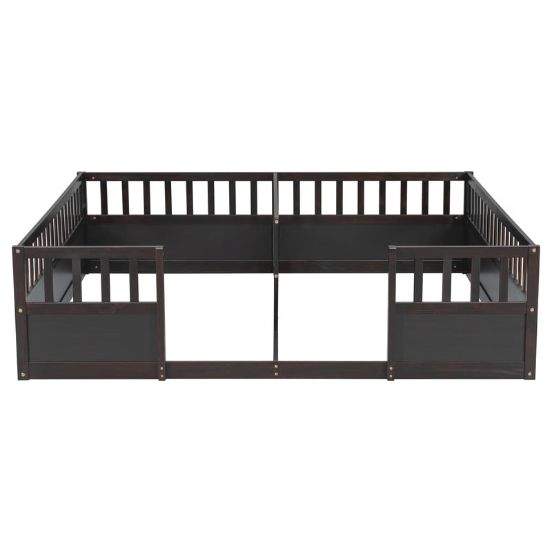Twin Size Horizontal Floor Bunk Bed Frame with Semi-Enclosed Safety Guardrails, Wood Low Profile Kids Bed with Open Entrance