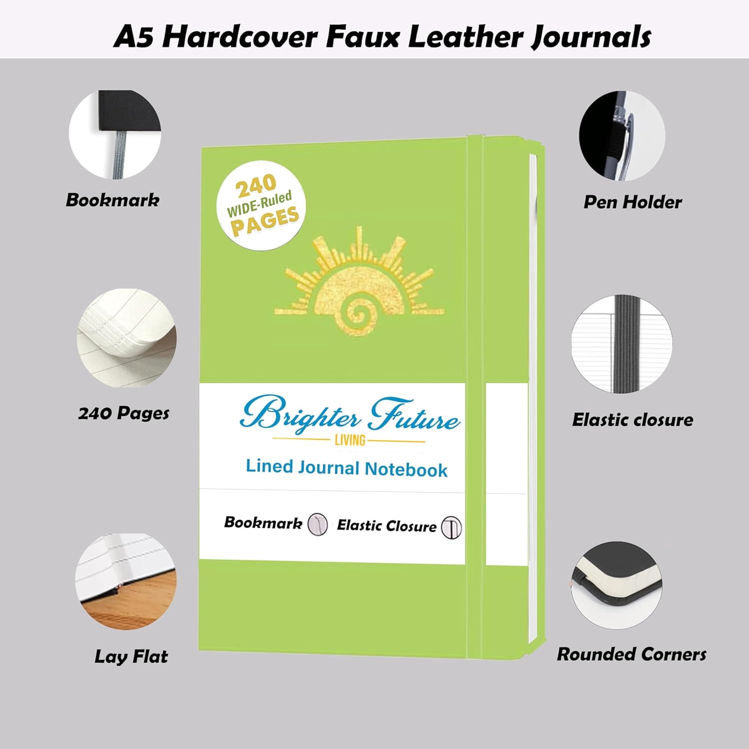 Lined Journal Notebook – A5 Faux Leather Hardcover | 240 Ruled Pages | Writing, Travel, Business, School | Journal for Women & Men – Great Gift for Teachers & Graduates (Green)