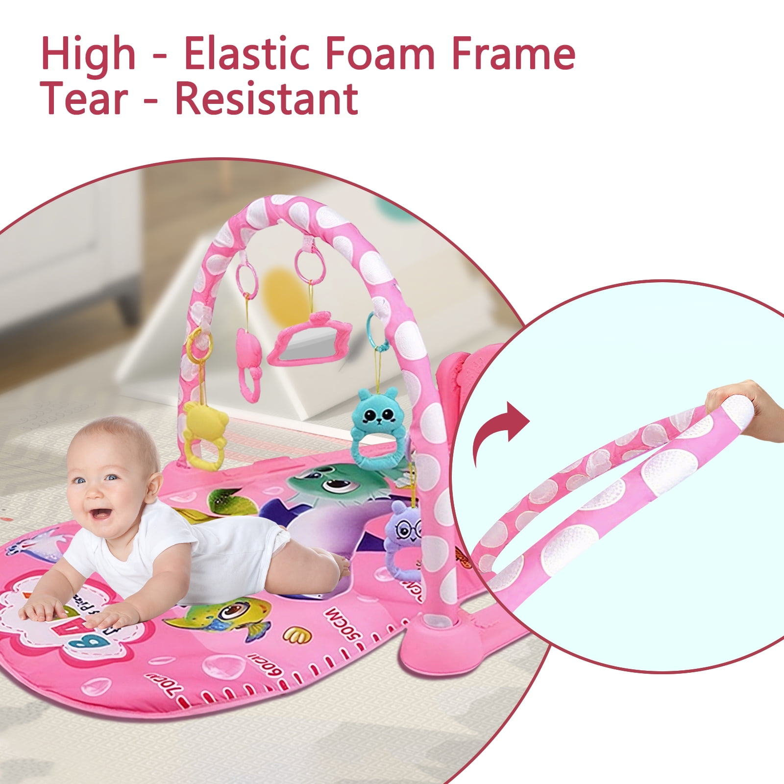 HDUTNGISN Baby Play Mat Gym with Piano & Toys-Tummy Time Activity Mat for Infants 0-12M (Pink)