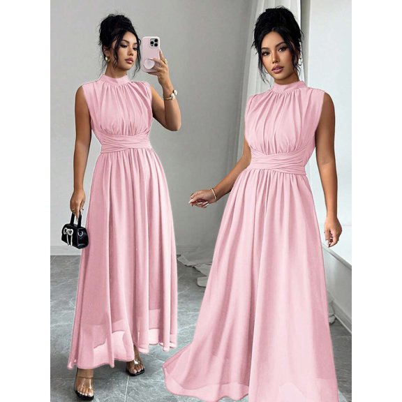Pink Womens Sleeveless High Neck Chiffon A-Line Maxi Dress With Criss-Cross Waist Tie