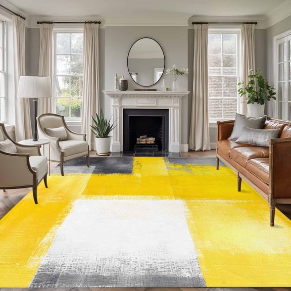 Non-Slip Rug Pad Rugs Vintage Yellow Black White Grey Rectangle Area Rugs 5x7Ft Soft Carpet Pads for Living Room Kids Room, Abstract Texture