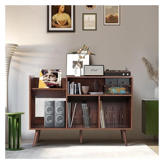 Large Record Player Stand, -Century Vinyl Record Storage Table with Wood Legs and Record Storage, Modern Turntable Stand Holds Up to 300 Albums for Studio, Living Room, Bedroom (Walnut)