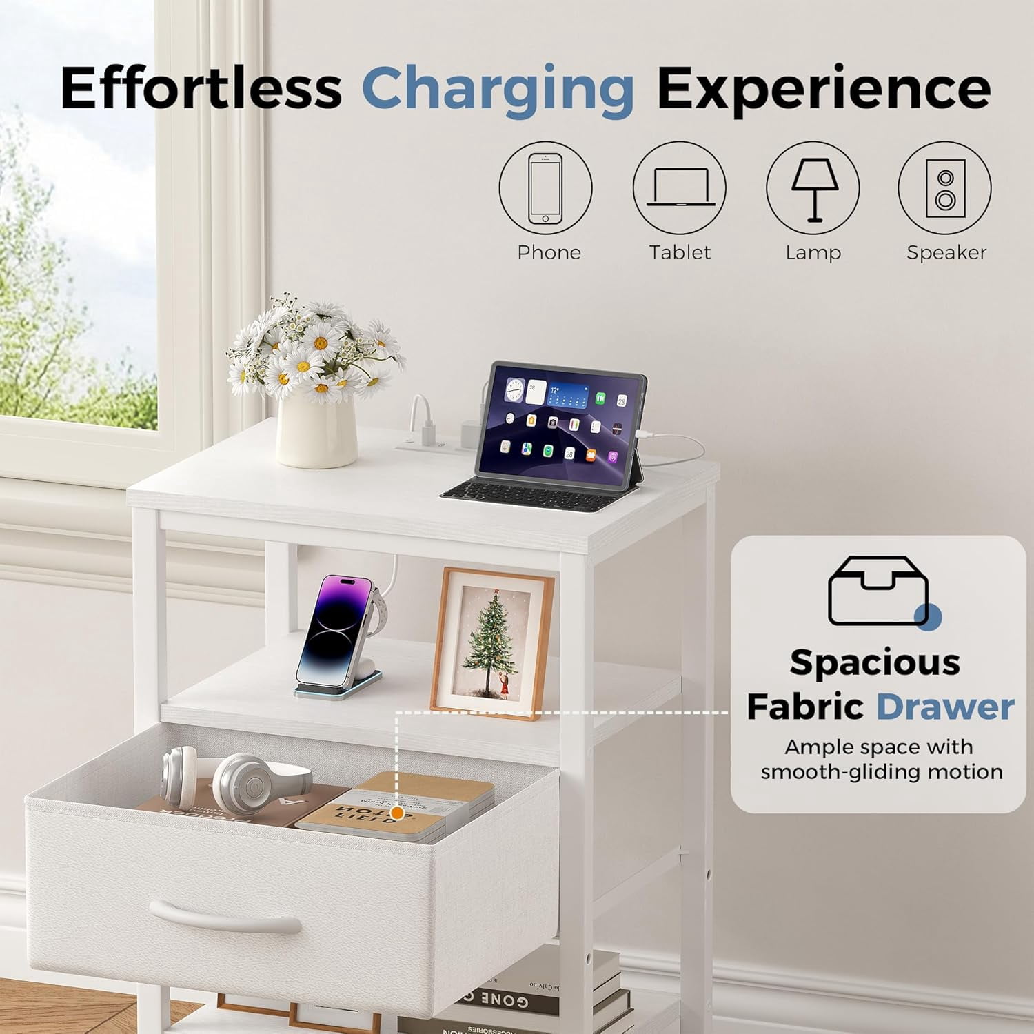 JIOABL 1 Drawer Nightstand with USB & Type-C Charging, Fabric Drawers, Metal Frame, White