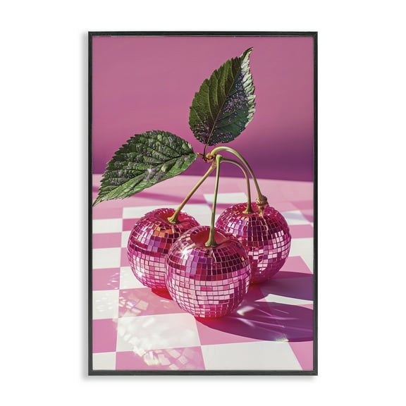 Stupell Industries Disco Cherries on Checkered Fashion Painting Black Framed Art Print Wall Art, 12 x 18