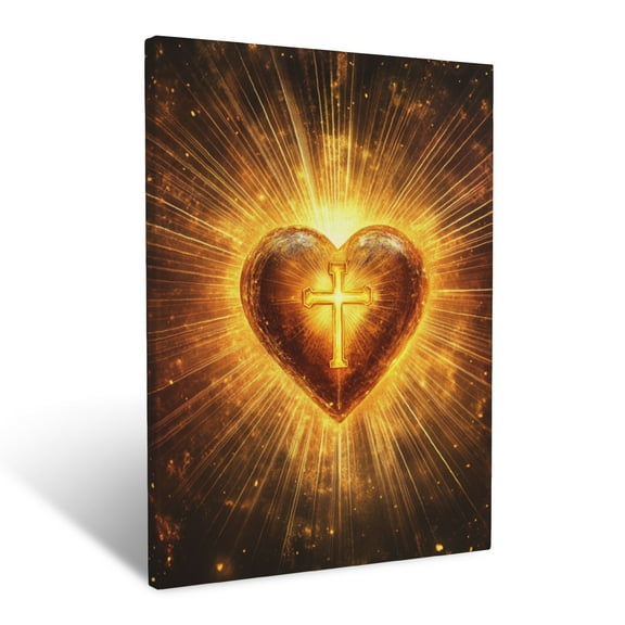CozyNet A Glowing Heart With A Cross Inside, Surrounded By Rays Of Golden Light Wall Art Prints With Frame Canvas Perfect for Living Room & Bedroom, Ready to Hang, Wall Decor 12"x16"